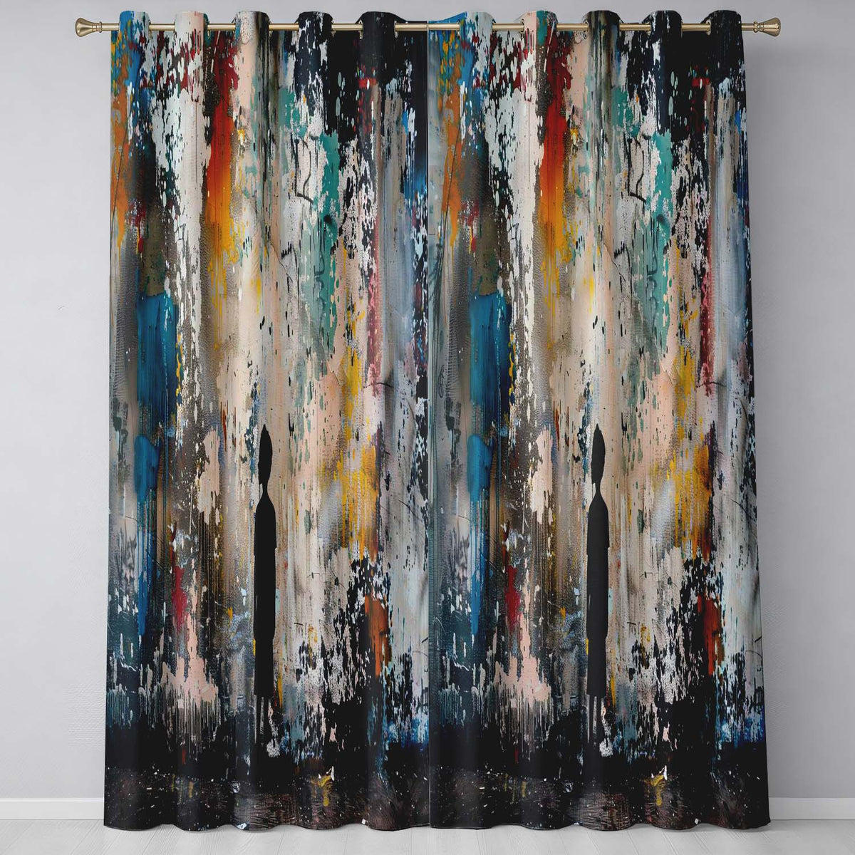 Boy Silhouette Before Colourful Abstract Graffiti Distinctive Wall Art Home Decor Readymade Eyelet Ring Top Thermal 100% Blackout Curtains