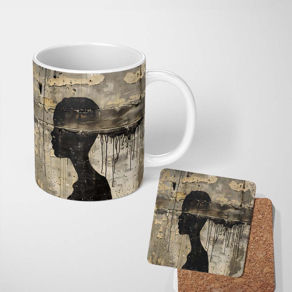 Female Profile Silhouette with Black Paint Drips 11oz Ceramic Coffee Tea Mug White Large Handle