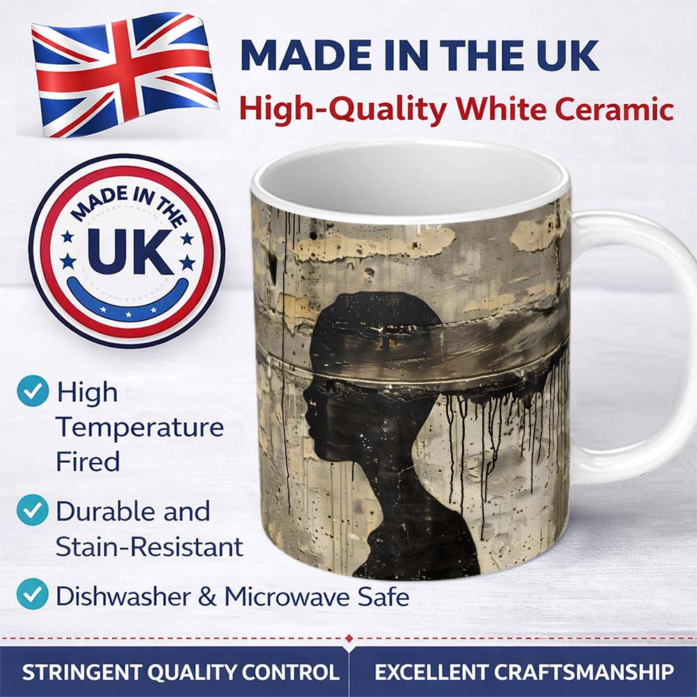 Female Profile Silhouette with Black Paint Drips 11oz Ceramic Coffee Tea Mug White Large Handle