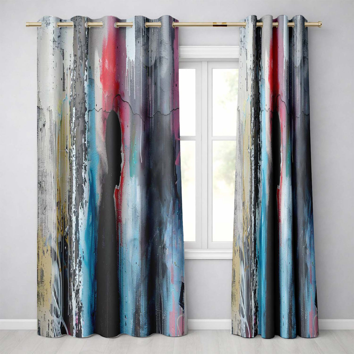 Child Silhouette with Pink Blue Abstract Graffiti Distinctive Artistic Home Decor Readymade Eyelet Ring Top Thermal 100% Blackout Curtains