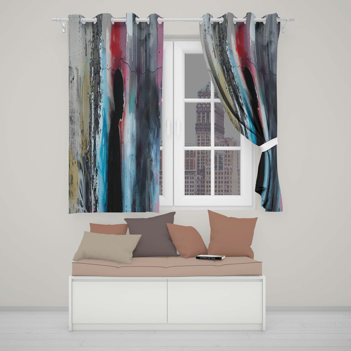 Child Silhouette with Pink Blue Abstract Graffiti Distinctive Artistic Home Decor Readymade Eyelet Ring Top Thermal 100% Blackout Curtains