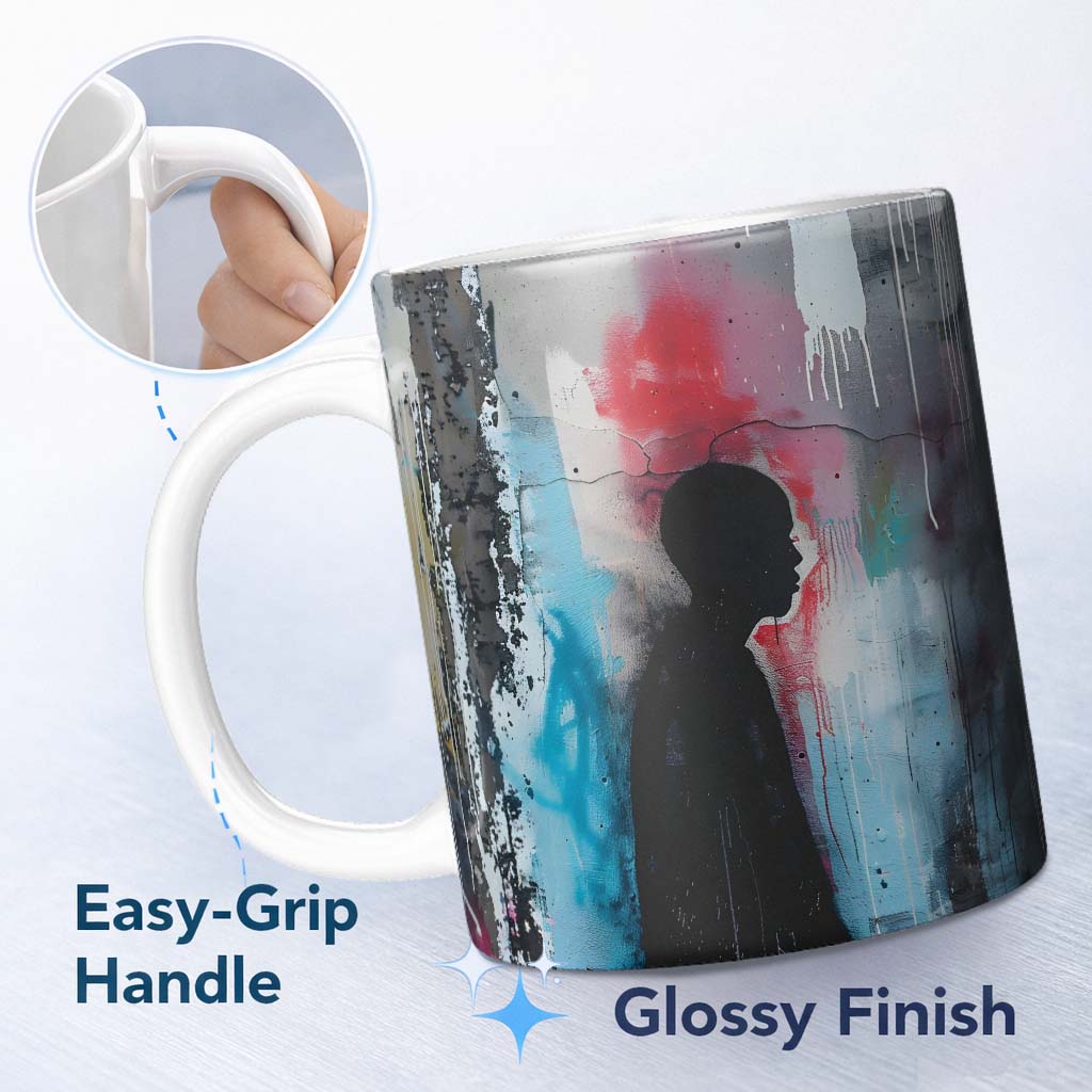 Child Silhouette with Pink Blue Abstract Graffiti 11oz Ceramic Coffee Tea Mug White Large Handle