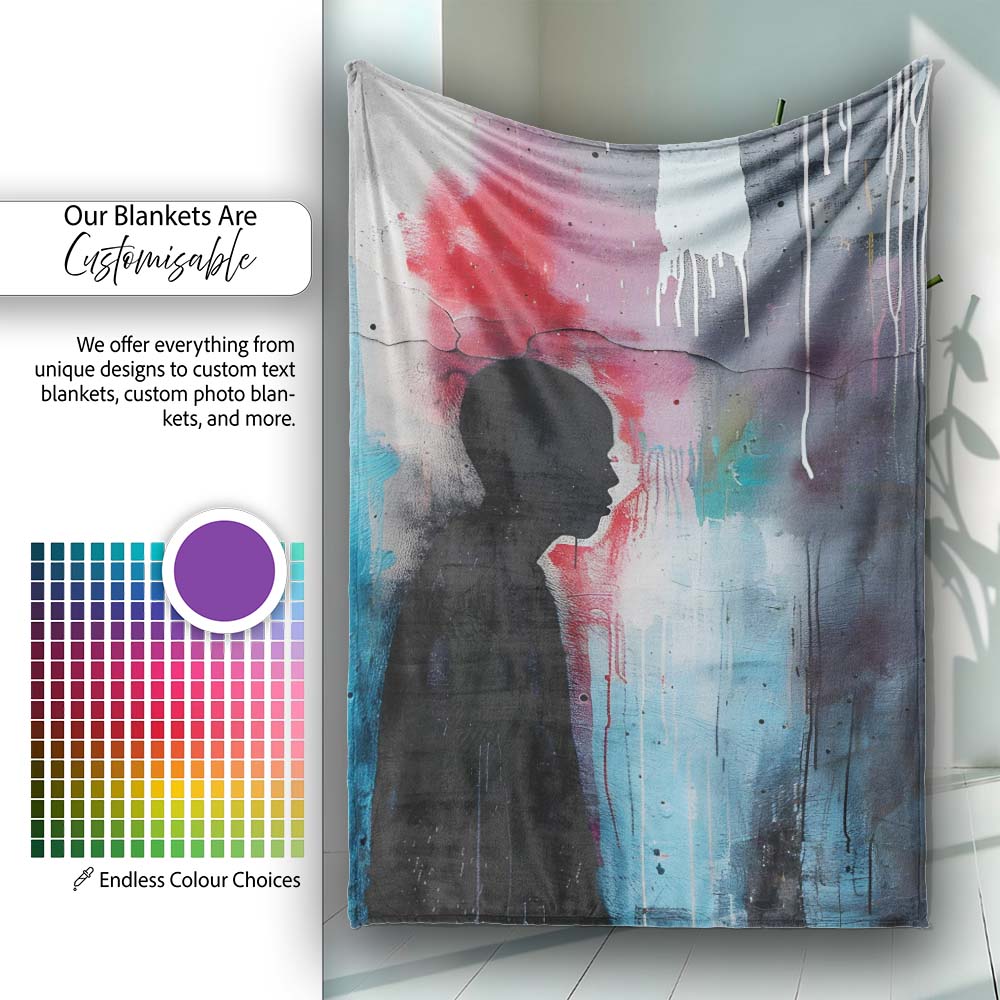 Child Silhouette with Pink Blue Abstract Graffiti, All Season Comfort, Comfortable Everyday Use - Super Soft Fleece Blanket Bed Sofa Throw