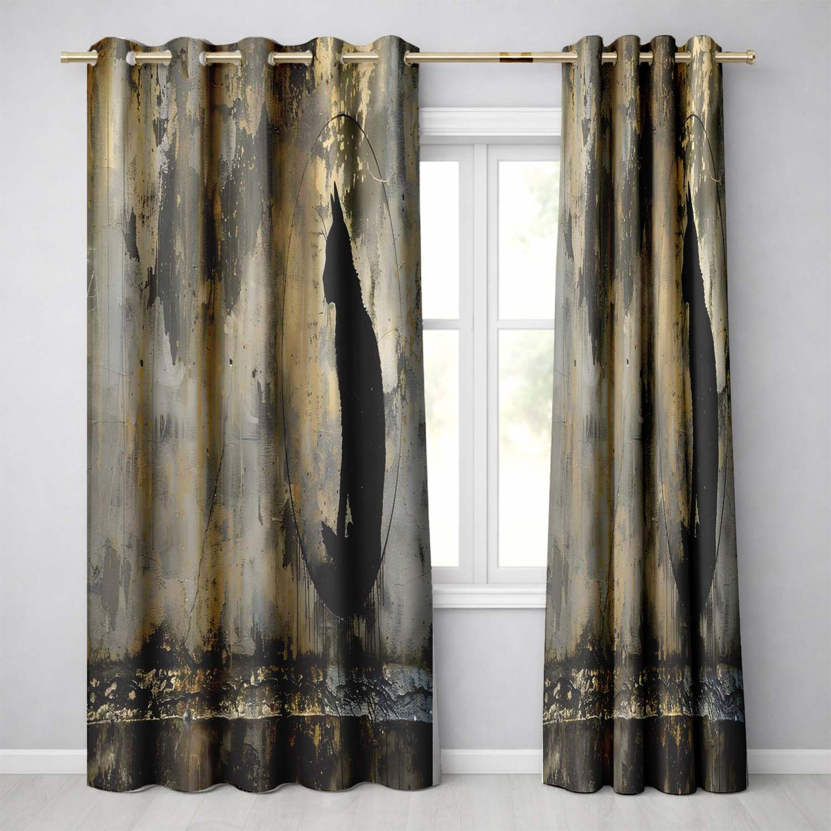 Black Cat Silhouette in Golden Grunge Circle Bold Timeless Artwork for Home Decor Readymade Eyelet Ring Top Thermal 100% Blackout Curtains