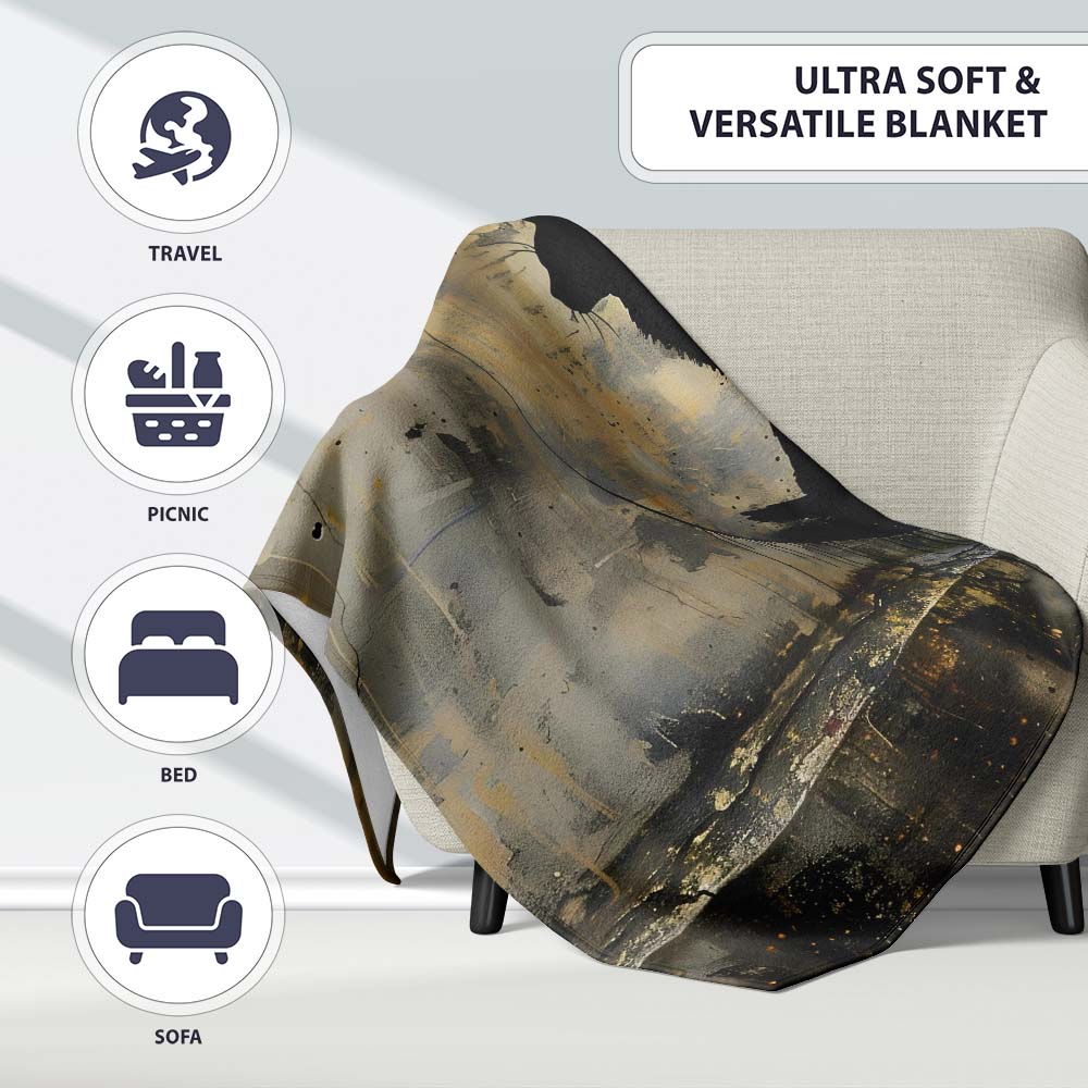 Black Cat Silhouette in Golden Grunge Circle, Comfortable Everyday Use, Stylish Room Decoration - Super Soft Fleece Blanket Bed Sofa Throw