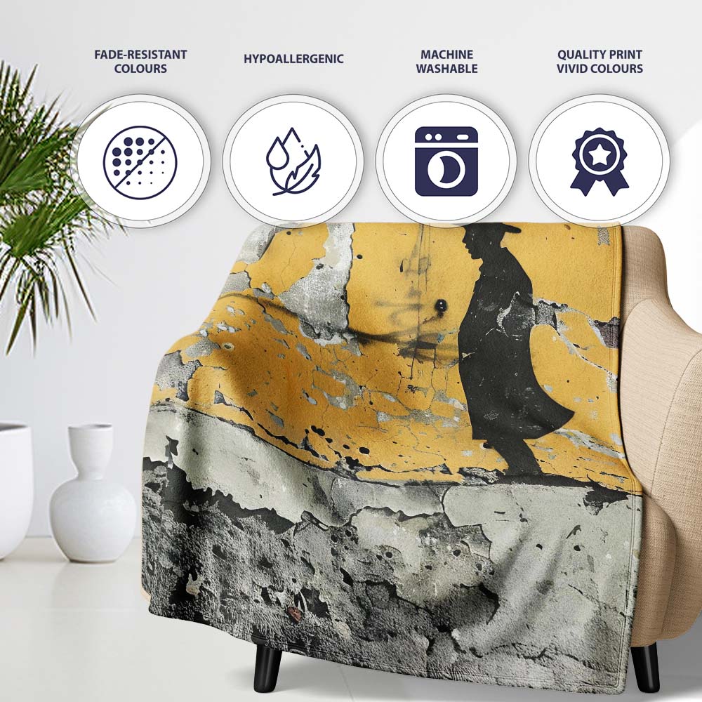 Lone Traveller Silhouette on Mustard Grunge Wall, All Season Comfort, Gift for Adults and Teens - Super Soft Fleece Blanket Bed Sofa Throw