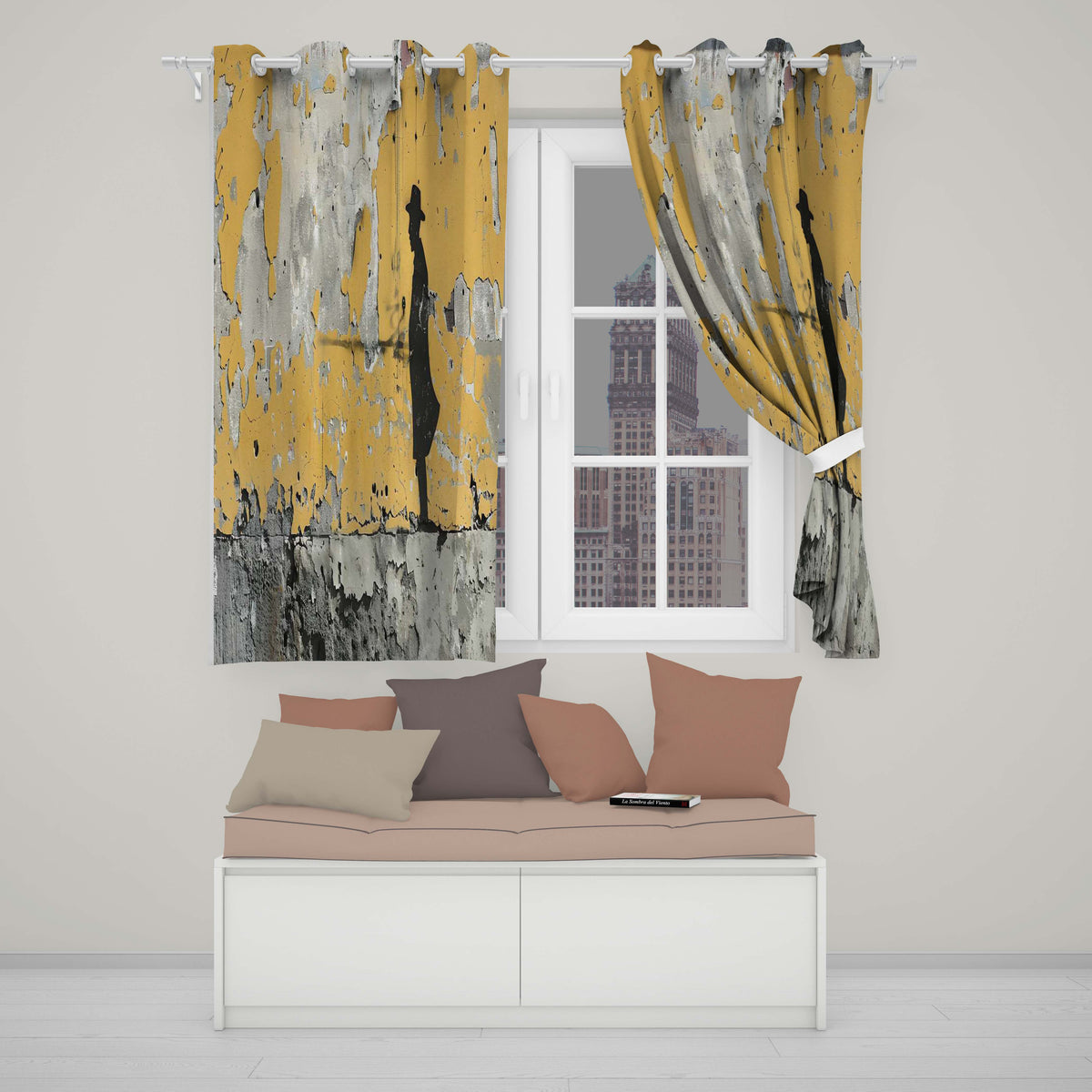 Lone Traveller Silhouette on Mustard Grunge Wall Contemporary Artistic Home Decor Readymade Eyelet Ring Top Thermal 100% Blackout Curtains