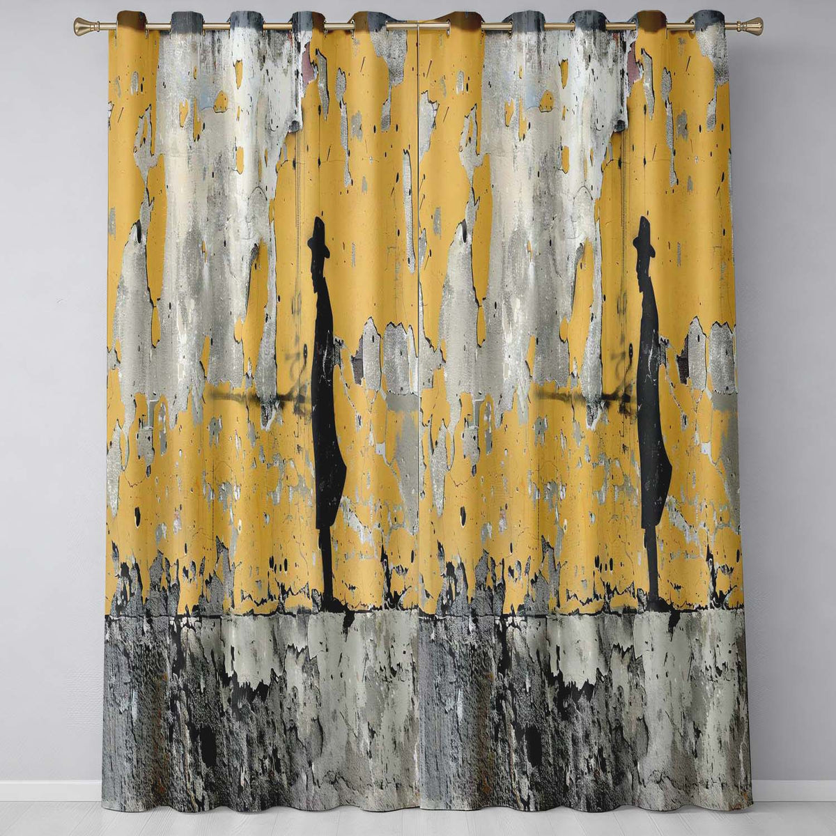 Lone Traveller Silhouette on Mustard Grunge Wall Contemporary Artistic Home Decor Readymade Eyelet Ring Top Thermal 100% Blackout Curtains