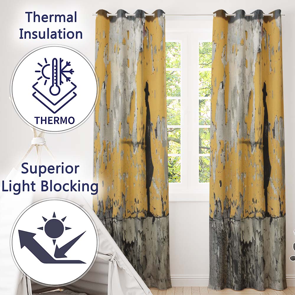 Lone Traveller Silhouette on Mustard Grunge Wall Contemporary Artistic Home Decor Readymade Eyelet Ring Top Thermal 100% Blackout Curtains