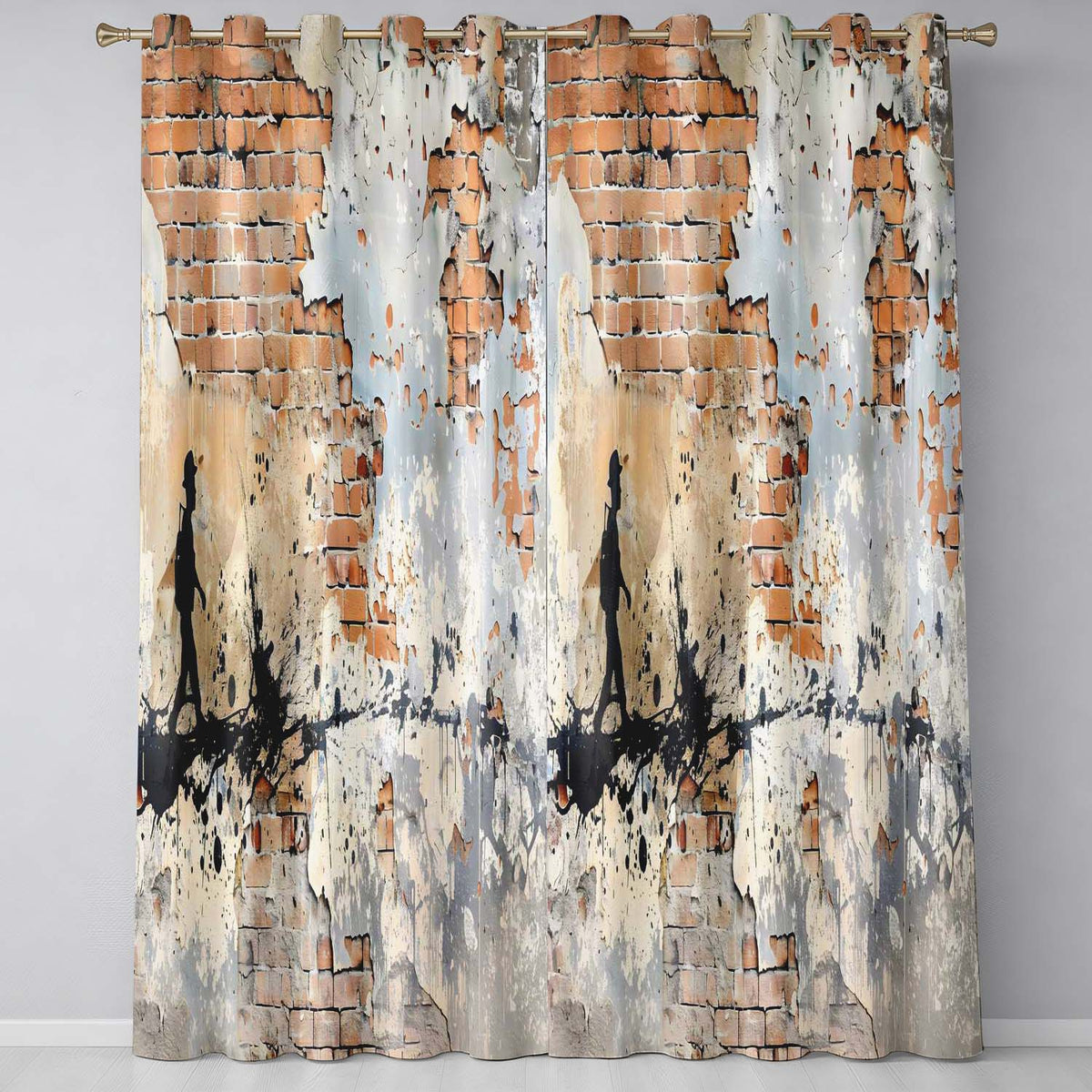 Child Walking Across Exposed Brick Graffiti Unique Stylish Artwork for Home Decor Readymade Eyelet Ring Top Thermal 100% Blackout Curtains