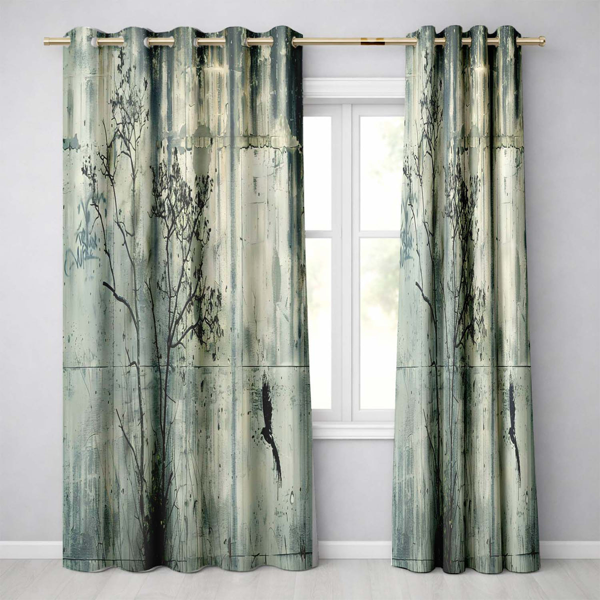 Bare Tree and Flying Bird Grey Grunge Vibrant Unique Design for Modern Home Decor Readymade Eyelet Ring Top Thermal 100% Blackout Curtains