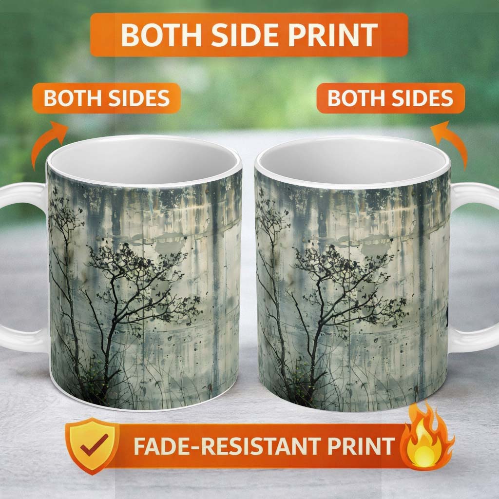 Bare Tree and Flying Bird Grey Grunge 11oz Ceramic Coffee Tea Mug White Large Handle