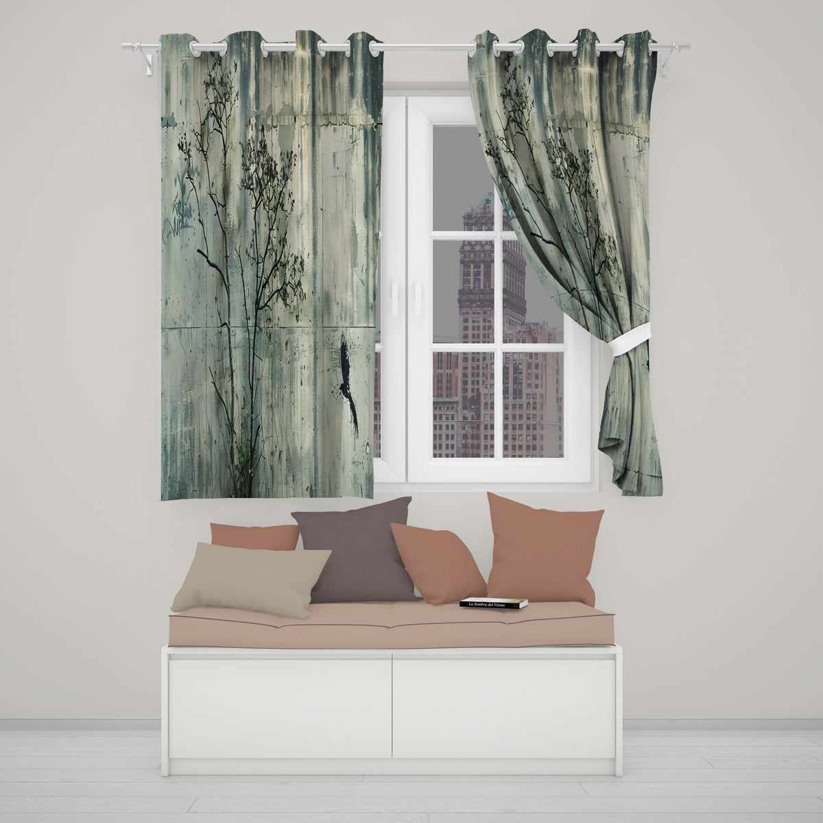 Bare Tree and Flying Bird Grey Grunge Vibrant Unique Design for Modern Home Decor Readymade Eyelet Ring Top Thermal 100% Blackout Curtains