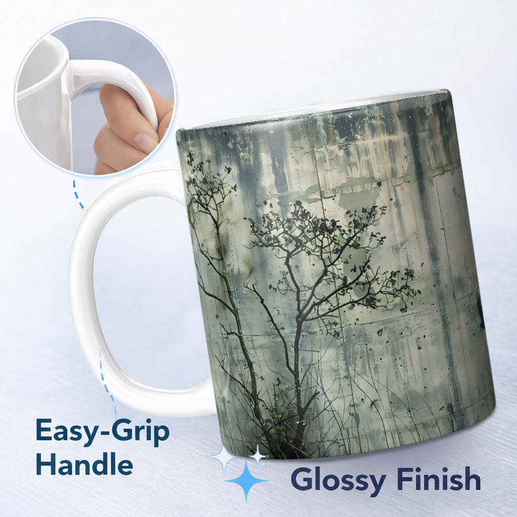 Bare Tree and Flying Bird Grey Grunge 11oz Ceramic Coffee Tea Mug White Large Handle