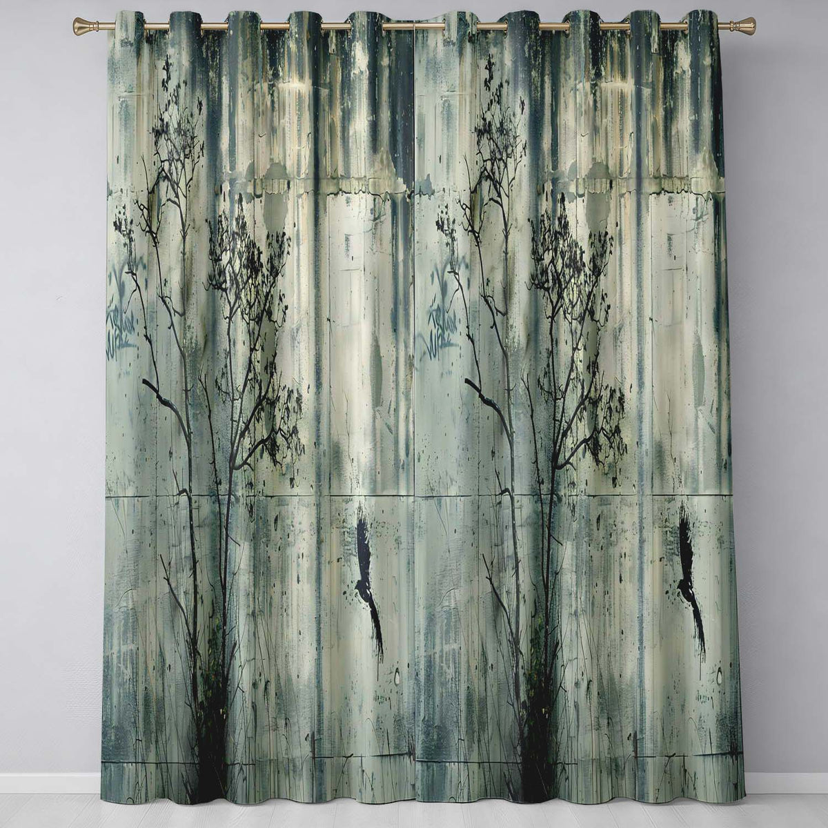 Bare Tree and Flying Bird Grey Grunge Vibrant Unique Design for Modern Home Decor Readymade Eyelet Ring Top Thermal 100% Blackout Curtains