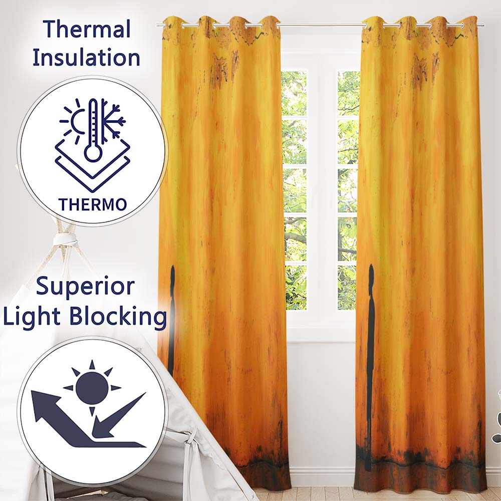 Lonely Boy Silhouette on Golden Grunge Wall Stylish Modern Artwork for Home Decor Readymade Eyelet Ring Top Thermal 100% Blackout Curtains