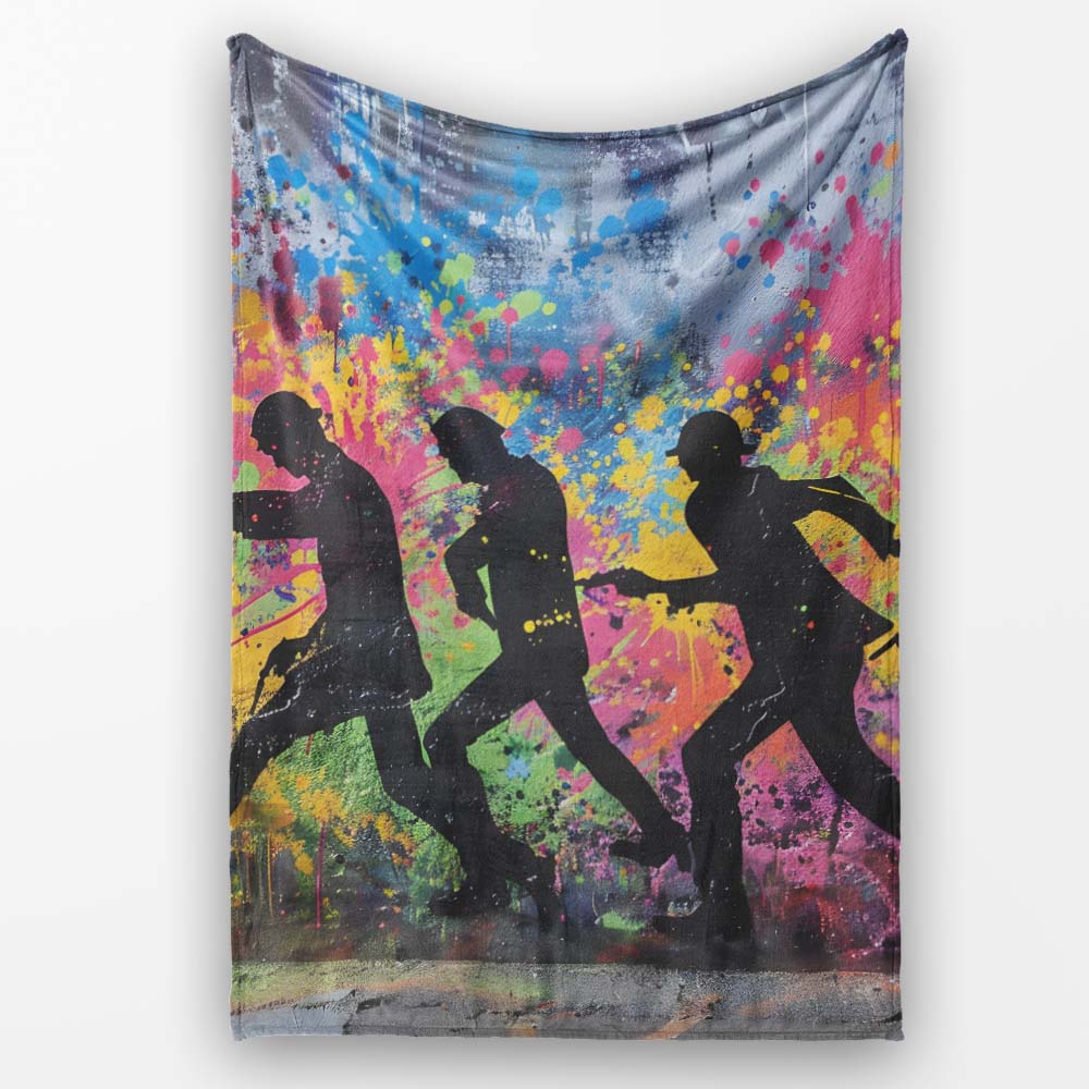 Running Crowd Silhouette Colour Splash Graffiti, Bedroom Living Room Accent, All Season Comfort - Super Soft Fleece Blanket Bed Sofa Throw