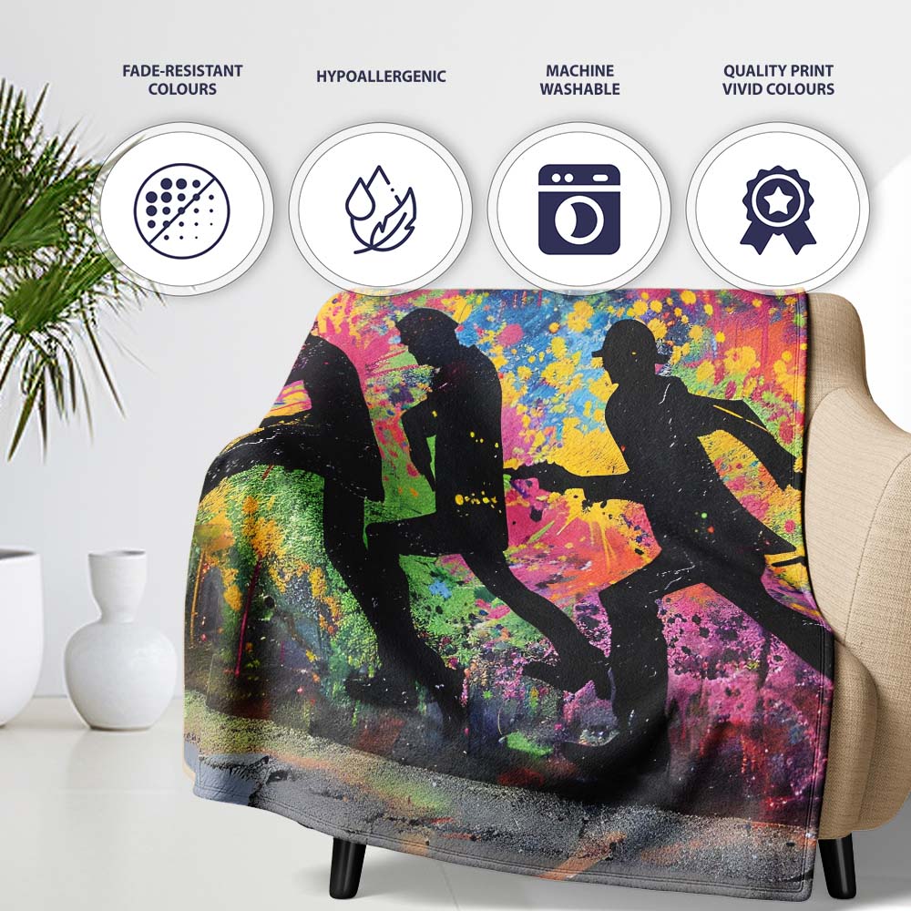 Running Crowd Silhouette Colour Splash Graffiti, Bedroom Living Room Accent, All Season Comfort - Super Soft Fleece Blanket Bed Sofa Throw