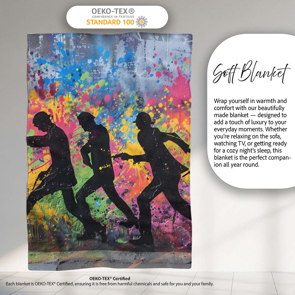 Running Crowd Silhouette Colour Splash Graffiti, Bedroom Living Room Accent, All Season Comfort - Super Soft Fleece Blanket Bed Sofa Throw