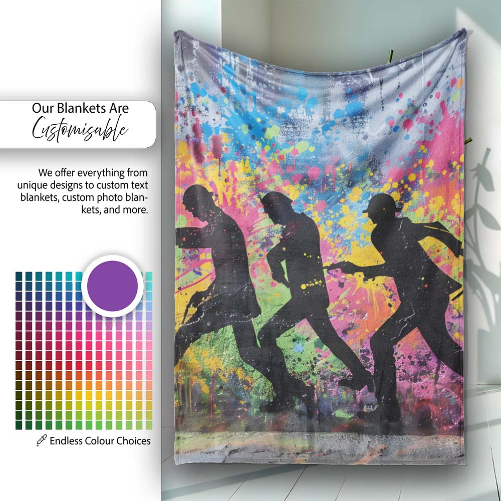 Running Crowd Silhouette Colour Splash Graffiti, Bedroom Living Room Accent, All Season Comfort - Super Soft Fleece Blanket Bed Sofa Throw