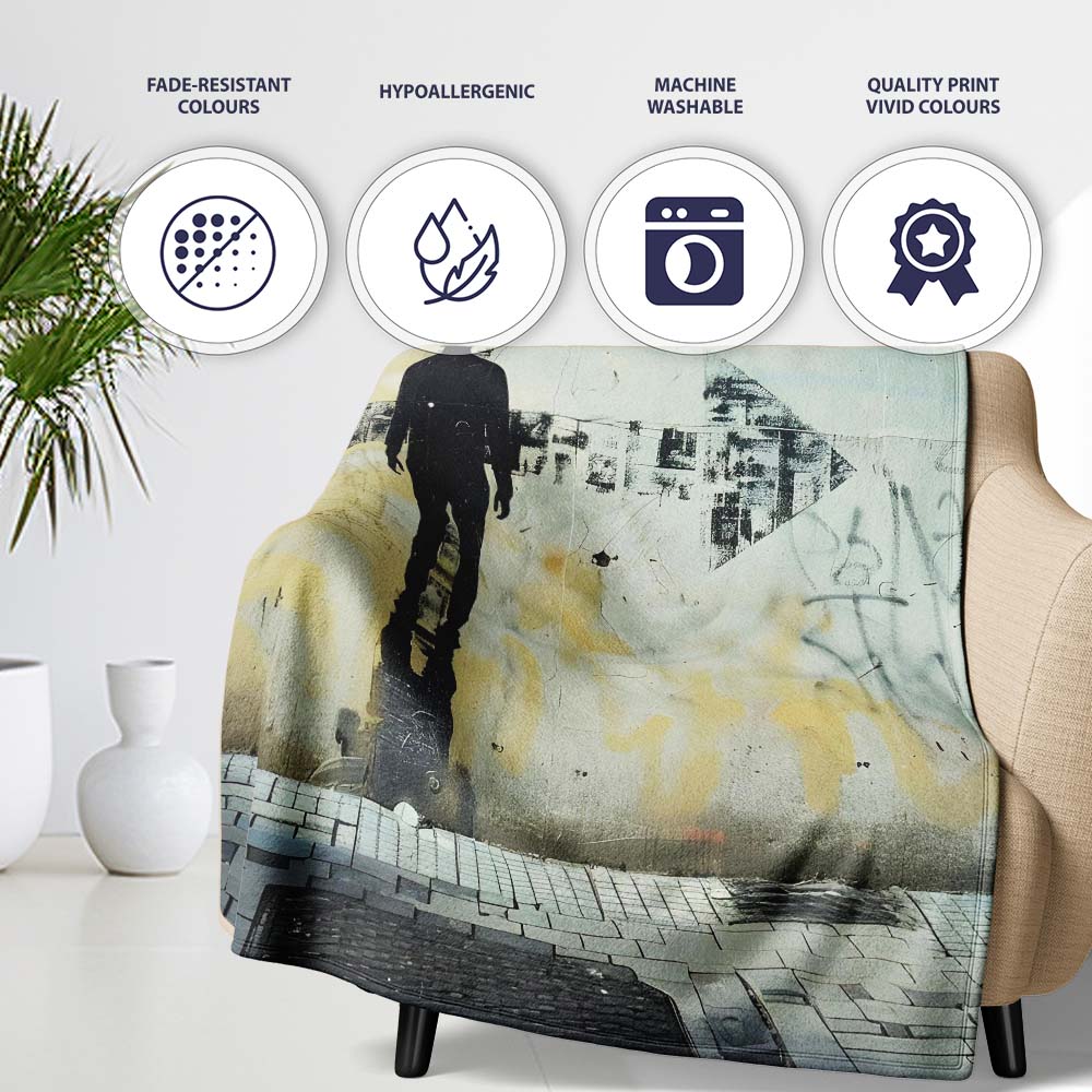 Lone Figure with Direction Arrow Street Art, Bedroom Living Room Accent, Unique Artistic Design - Super Soft Fleece Blanket Bed Sofa Throw