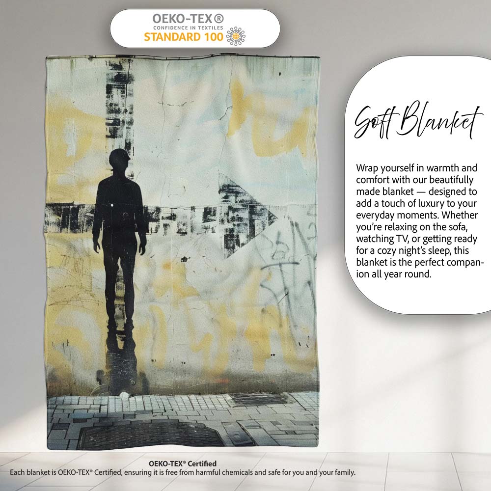 Lone Figure with Direction Arrow Street Art, Bedroom Living Room Accent, Unique Artistic Design - Super Soft Fleece Blanket Bed Sofa Throw