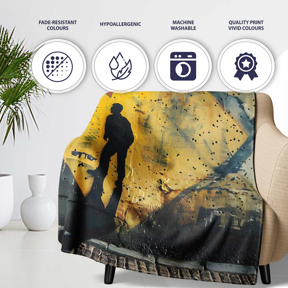 Silhouette Figure Before Geometric Yellow Arrow, Bedroom Living Room Accent, All Season Comfort - Super Soft Fleece Blanket Bed Sofa Throw