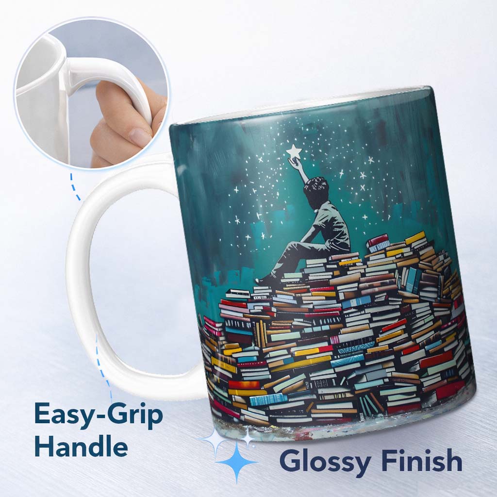 Child Reaching for Star on Book Stack 11oz Ceramic Coffee Tea Mug White Large Handle
