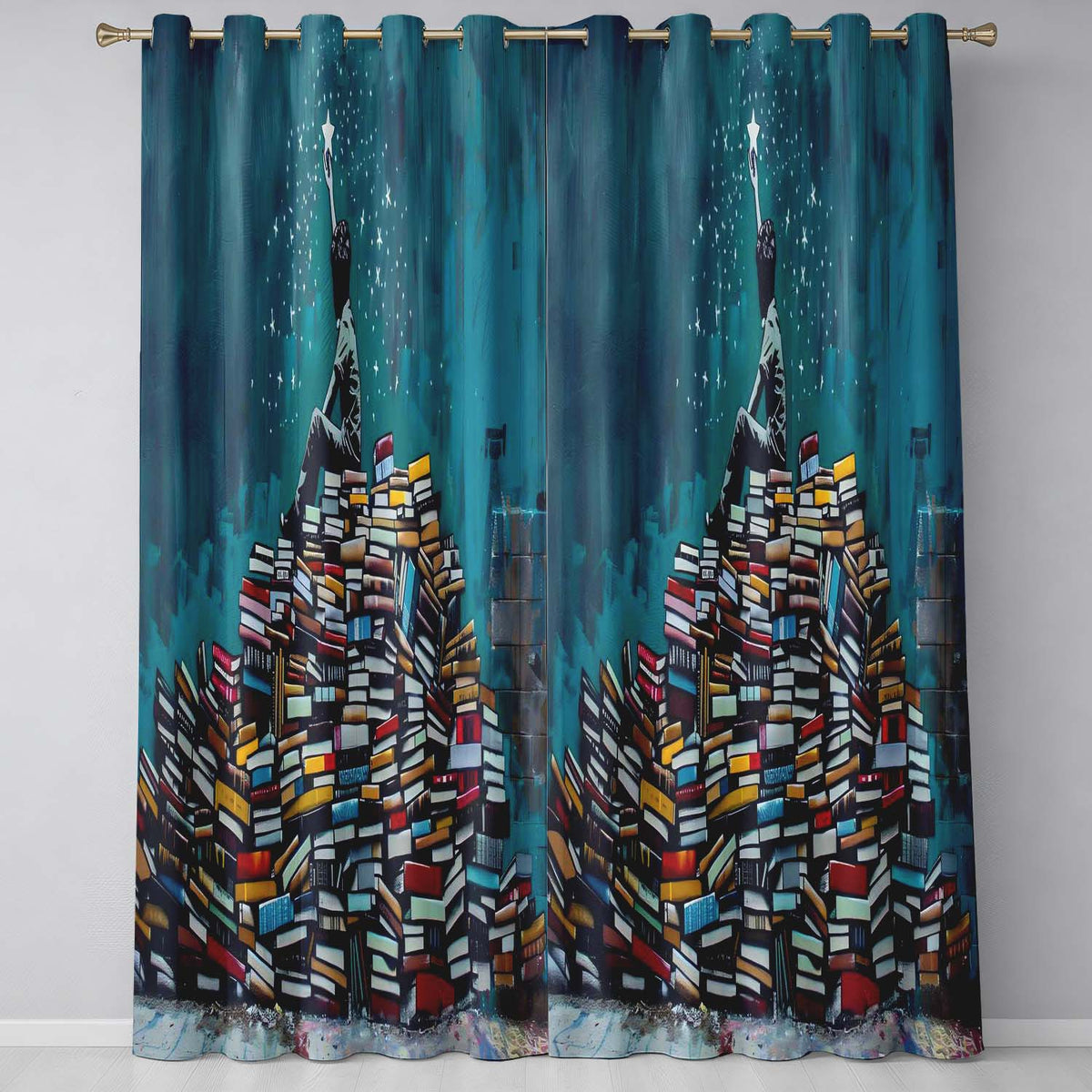 Child Reaching for Star on Book Stack Unique Vibrant Design for Modern Home Decor Readymade Eyelet Ring Top Thermal 100% Blackout Curtains