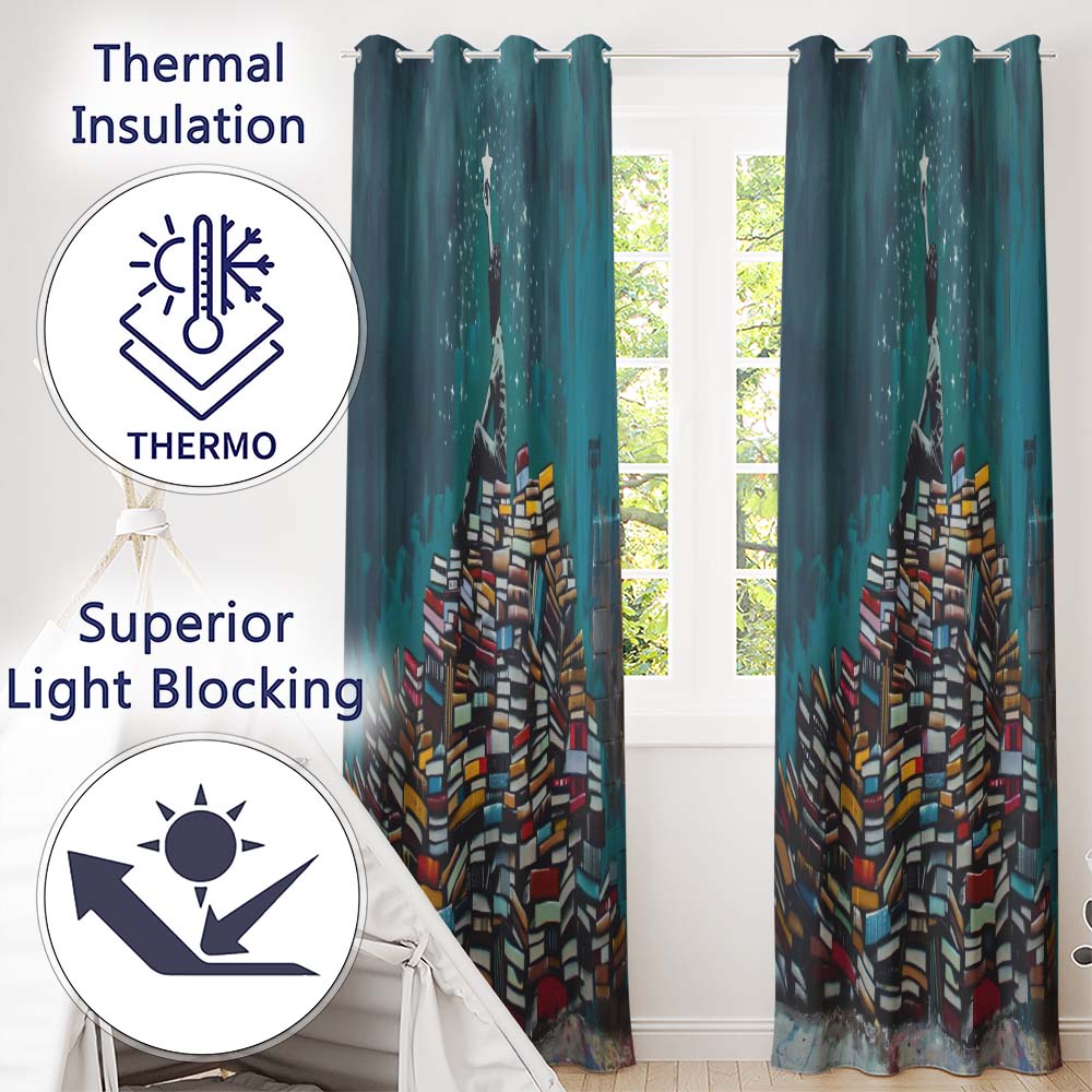 Child Reaching for Star on Book Stack Unique Vibrant Design for Modern Home Decor Readymade Eyelet Ring Top Thermal 100% Blackout Curtains