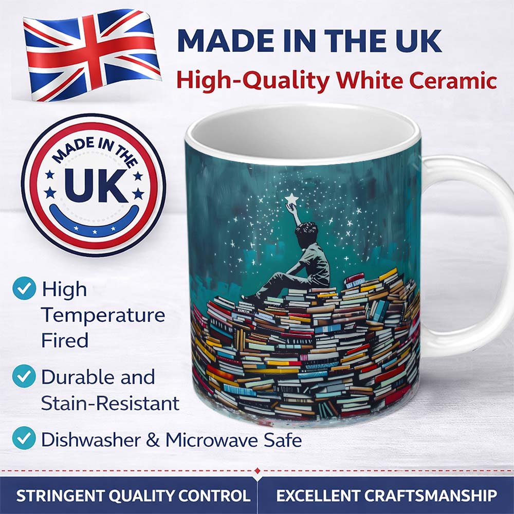 Child Reaching for Star on Book Stack 11oz Ceramic Coffee Tea Mug White Large Handle