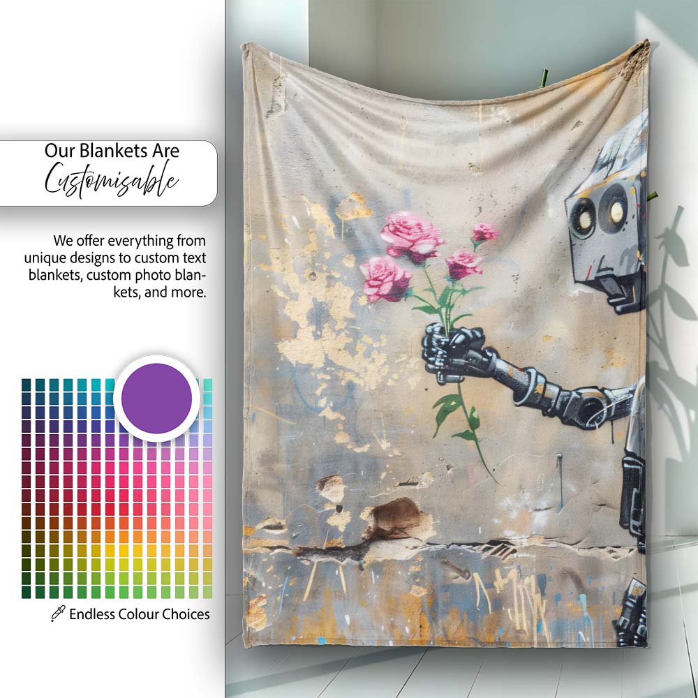 Robot Holding Pink Flowers Urban Graffiti, Bedroom Living Room Accent, Comfortable Everyday Use - Super Soft Fleece Blanket Bed Sofa Throw