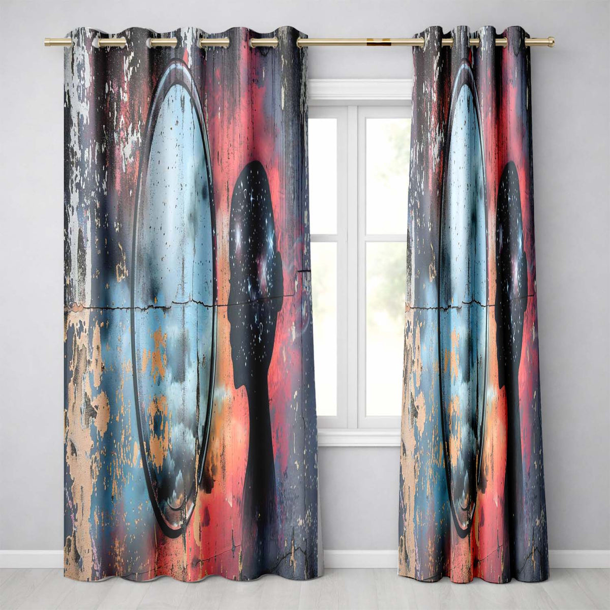 Cosmic Mind Female Silhouette Mirror Reflection Stylish Artwork for Bedroom Decor Readymade Eyelet Ring Top Thermal 100% Blackout Curtains