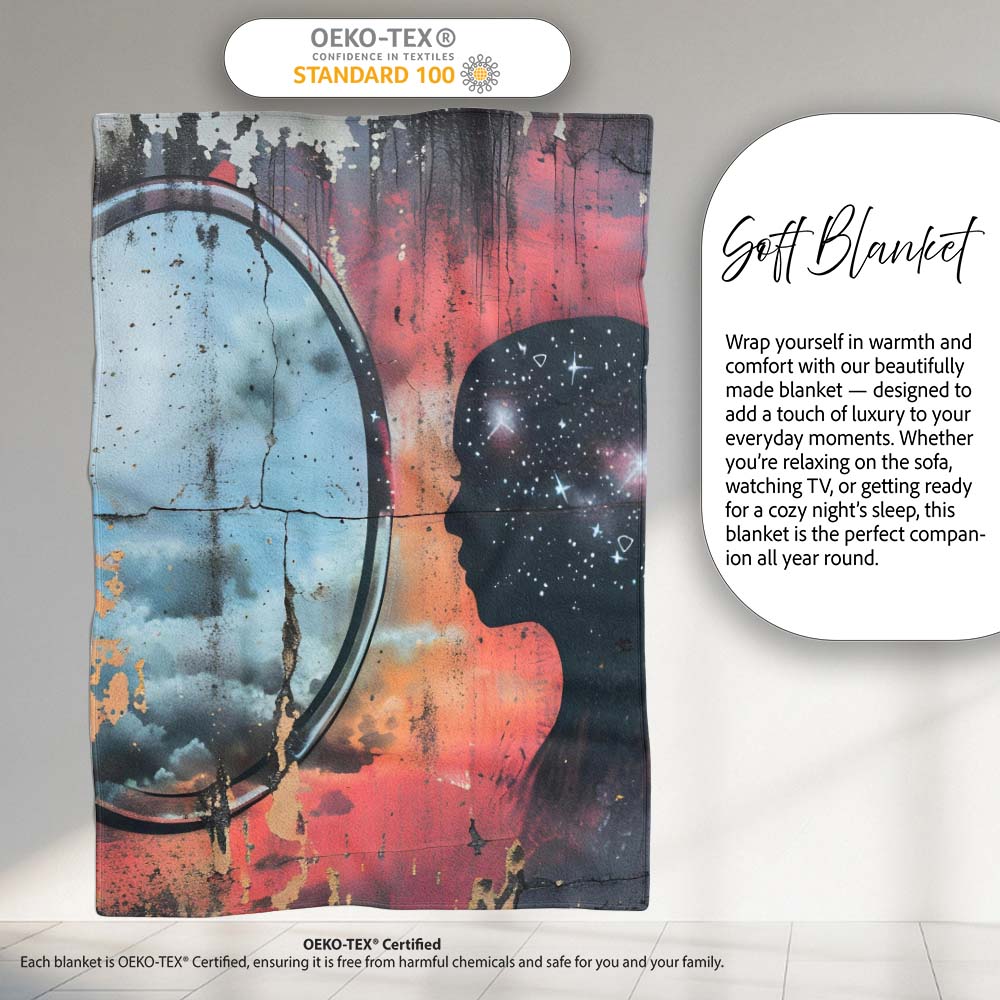 Cosmic Mind Female Silhouette Mirror Reflection, Bedroom Living Room Accent, All Season Comfort - Super Soft Fleece Blanket Bed Sofa Throw