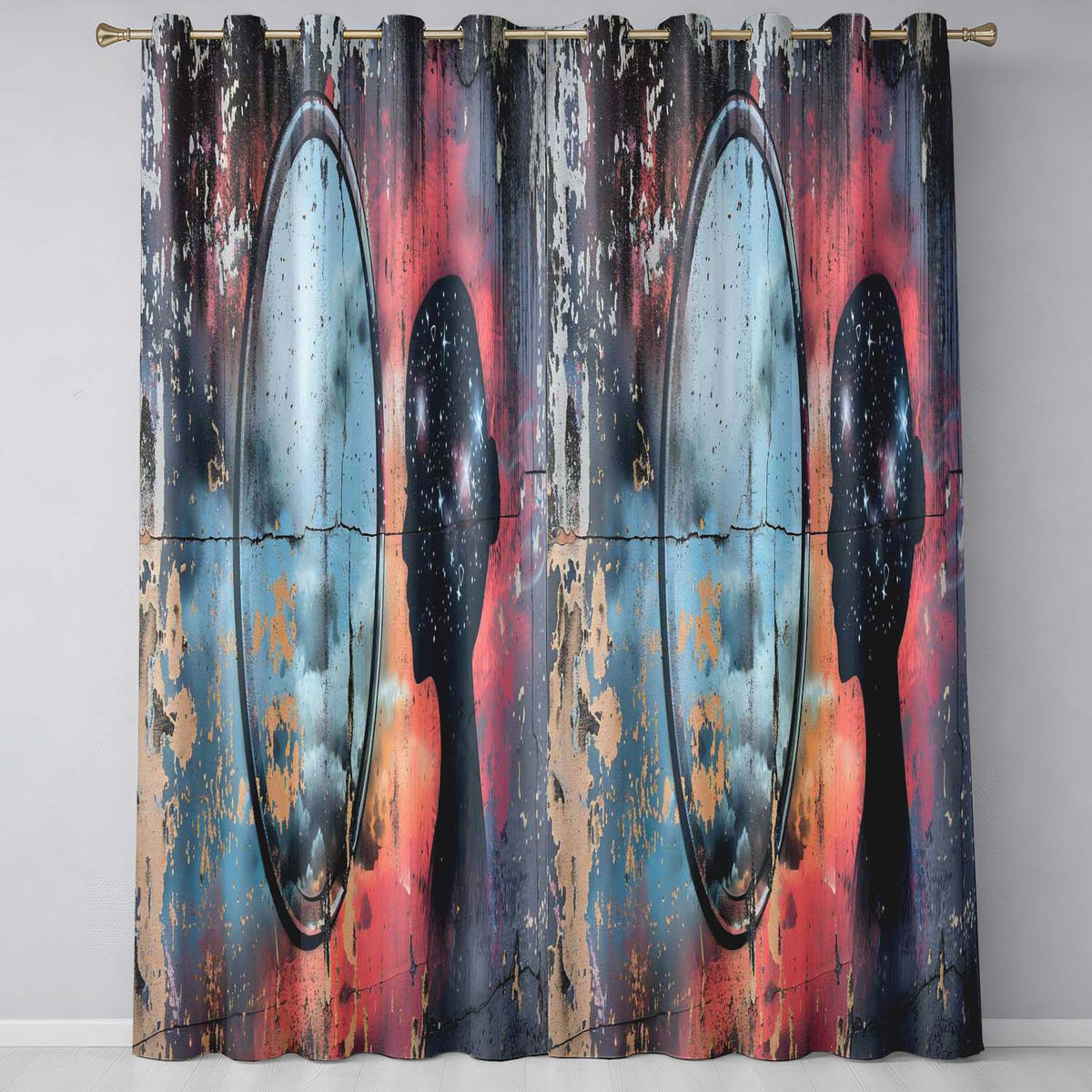 Cosmic Mind Female Silhouette Mirror Reflection Stylish Artwork for Bedroom Decor Readymade Eyelet Ring Top Thermal 100% Blackout Curtains