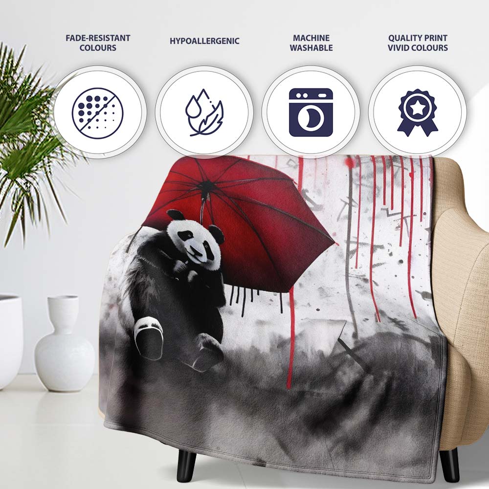 Panda Holding Red Umbrella Graffiti, Cozy Home Decor, Lightweight Warm Gift, All Season Comfort - Super Soft Fleece Blanket Bed Sofa Throw