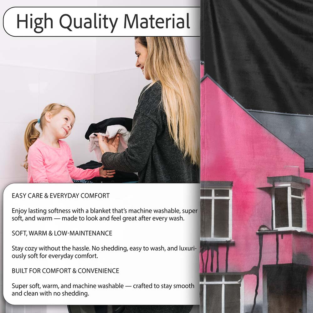 Pink Smoke House Contemporary Street Art, Bedroom Living Room Accent, Gift for Adults and Teens - Super Soft Fleece Blanket Bed Sofa Throw