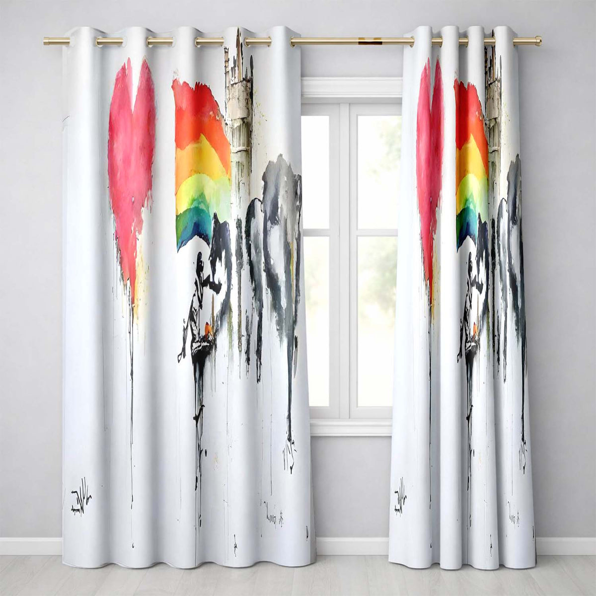 Watercolour Heart Rainbow Protest Street Art Expressive Artwork for Bedroom Decor Readymade Eyelet Ring Top Thermal 100% Blackout Curtains
