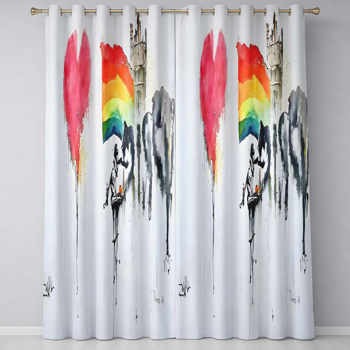 Watercolour Heart Rainbow Protest Street Art Expressive Artwork for Bedroom Decor Readymade Eyelet Ring Top Thermal 100% Blackout Curtains
