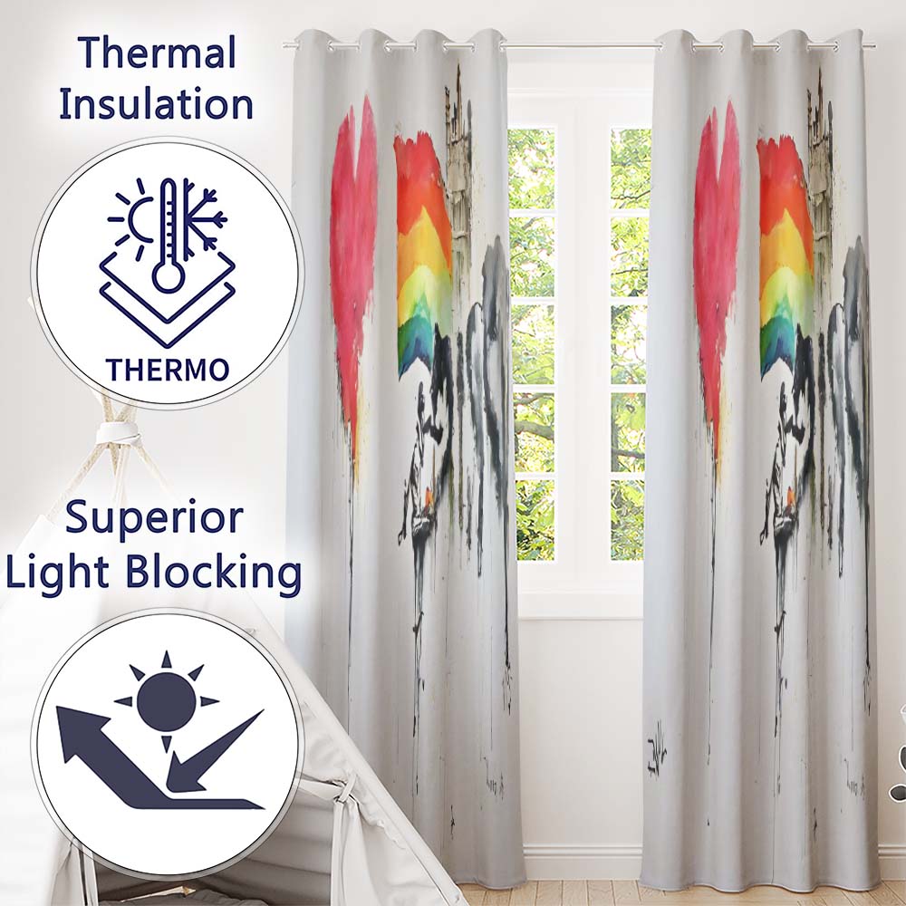Watercolour Heart Rainbow Protest Street Art Expressive Artwork for Bedroom Decor Readymade Eyelet Ring Top Thermal 100% Blackout Curtains