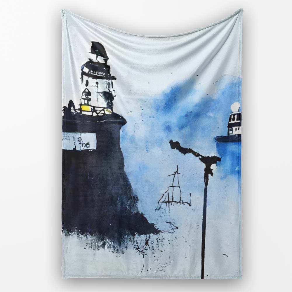 Watercolour Lighthouse Coastal Street Art, Bedroom Living Room Accent, Comfortable Everyday Use - Super Soft Fleece Blanket Bed Sofa Throw