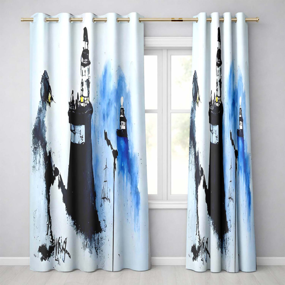 Watercolour Lighthouse Coastal Street Art Artistic Stylish Artwork for Home Decor Readymade Eyelet Ring Top Thermal 100% Blackout Curtains