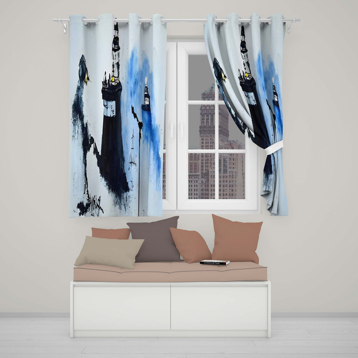 Watercolour Lighthouse Coastal Street Art Artistic Stylish Artwork for Home Decor Readymade Eyelet Ring Top Thermal 100% Blackout Curtains