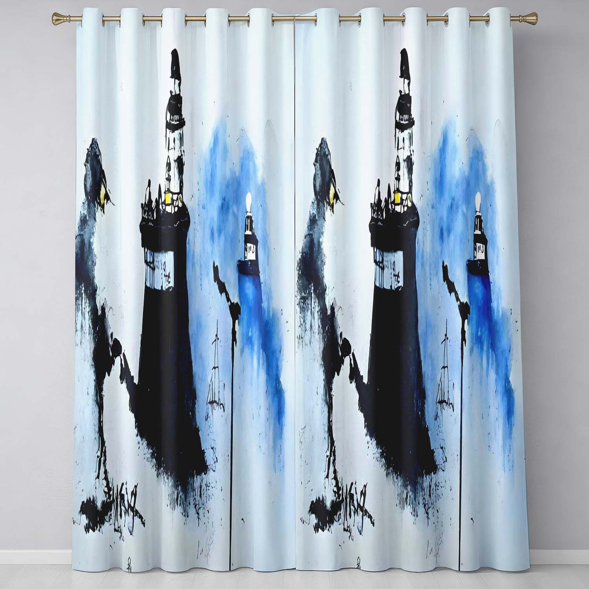 Watercolour Lighthouse Coastal Street Art Artistic Stylish Artwork for Home Decor Readymade Eyelet Ring Top Thermal 100% Blackout Curtains