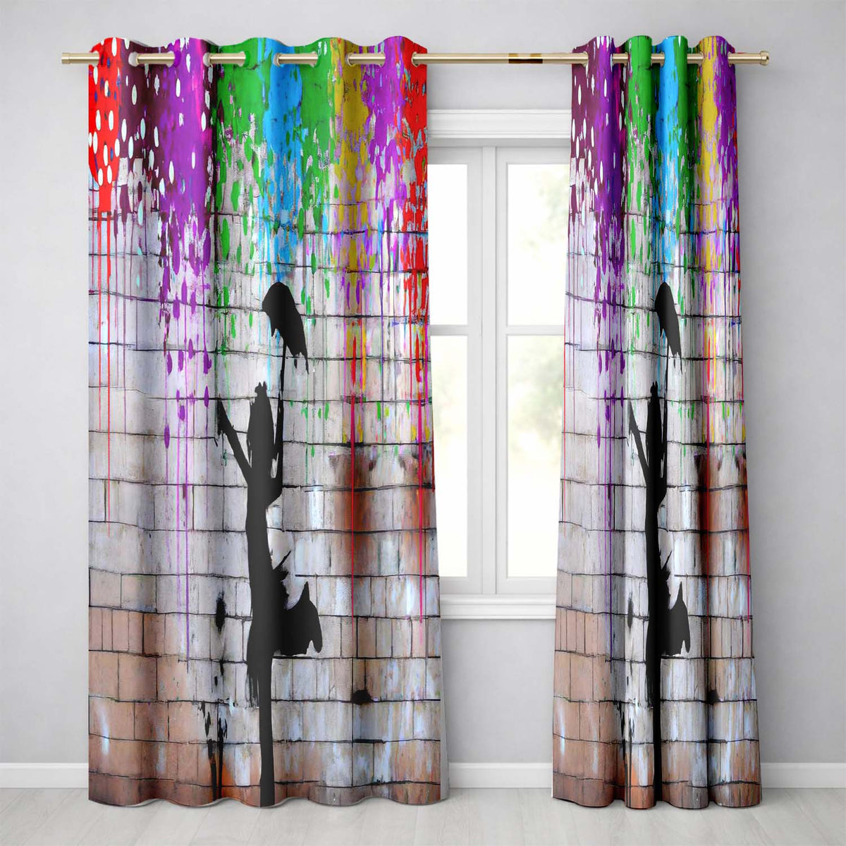 Dancing Girl with Umbrella Colour Splash Modern Expressive Artwork for Home Decor Readymade Eyelet Ring Top Thermal 100% Blackout Curtains