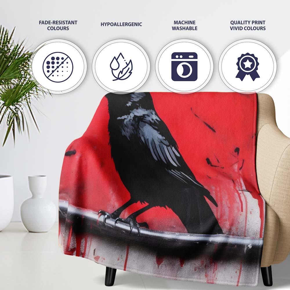 Black Crow on Red Graffiti Wall, Cozy Home Decor, All Season Comfort, Gift for Adults and Teens - Super Soft Fleece Blanket Bed Sofa Throw