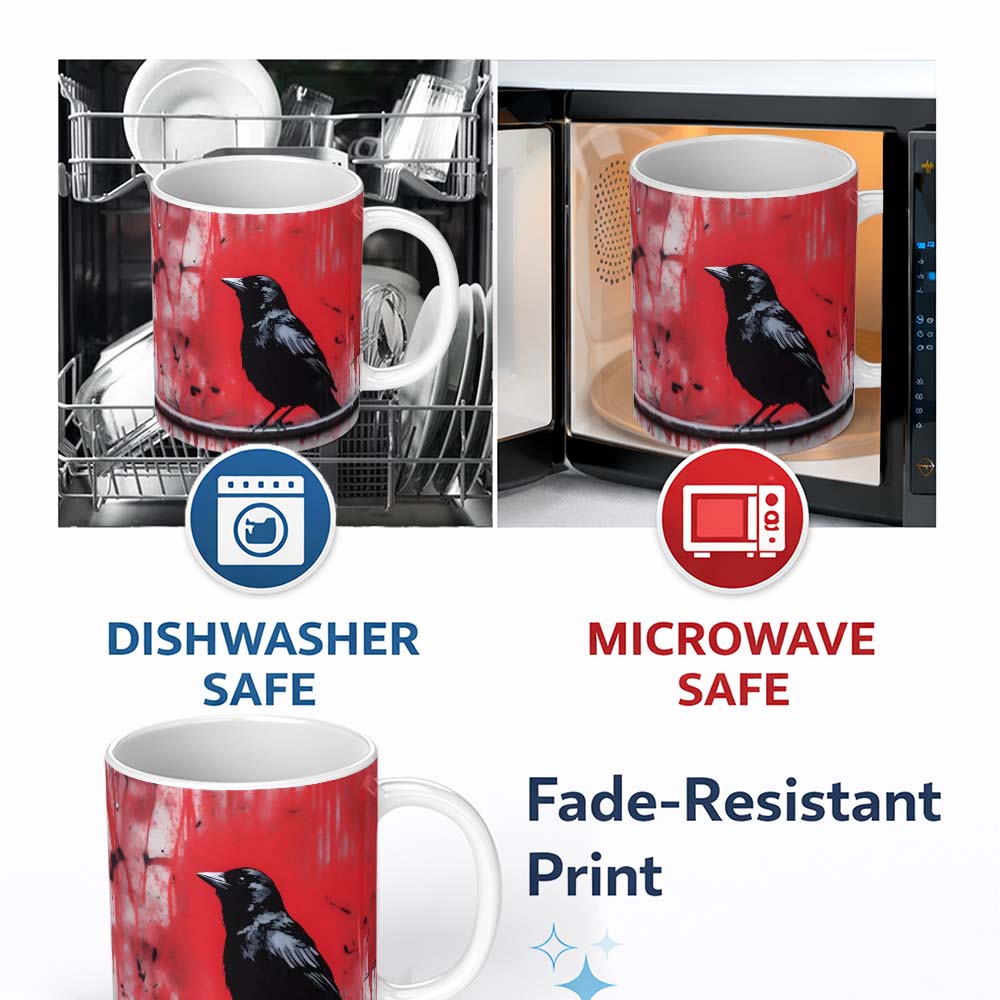 Black Crow on Red Graffiti Wall 11oz Ceramic Coffee Tea Mug White Large Handle