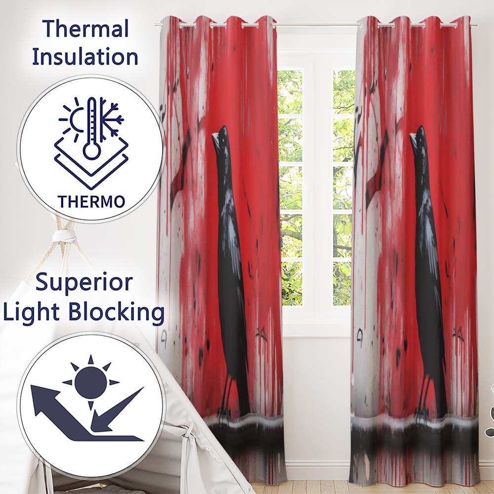 Black Crow on Red Graffiti Wall Contemporary Stylish Design for Modern Home Decor Readymade Eyelet Ring Top Thermal 100% Blackout Curtains