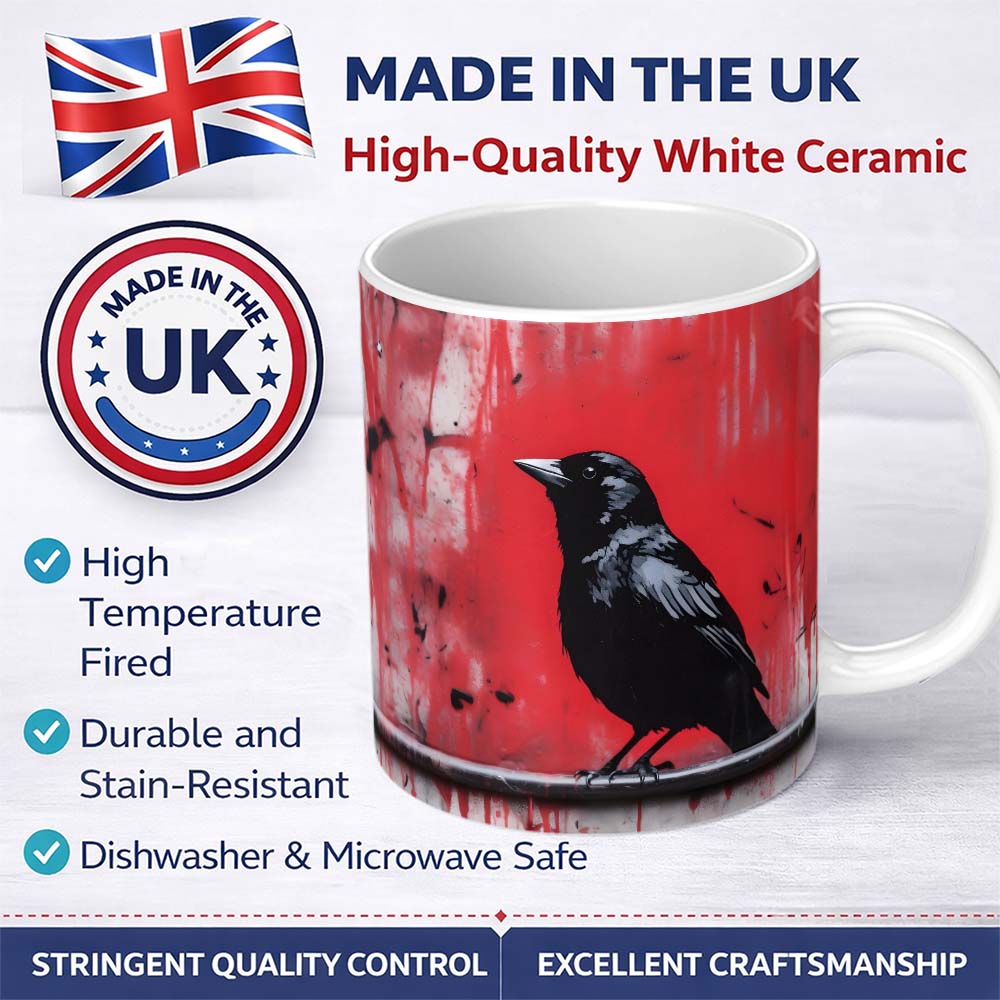 Black Crow on Red Graffiti Wall 11oz Ceramic Coffee Tea Mug White Large Handle