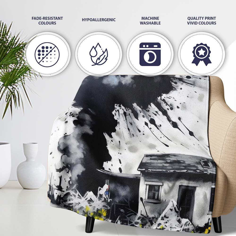 Mushroom Cloud Over House Street Art, Bedroom Living Room Accent, Thoughtful Housewarming Gift - Super Soft Fleece Blanket Bed Sofa Throw